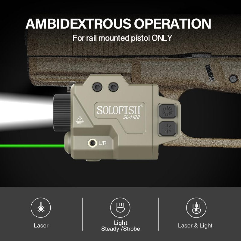 SOLOFISH 800 Lumens Pistol Light and Green Beam Combo, Strobe Function for Tactical Flashlight with Slidable Fits Guns w/Rail, Magnetic Charging, Desert Tan