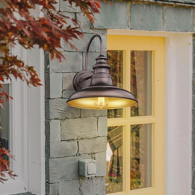 Outdoor Barn Light Fixture Farmhouse Wall Mount Light Gooseneck Wall Sconce Exterior Wall Lighting Fixture Industrial Bronze Finish Lantern for Porch with Gold Interior, 1Pack, RZ004 ORB