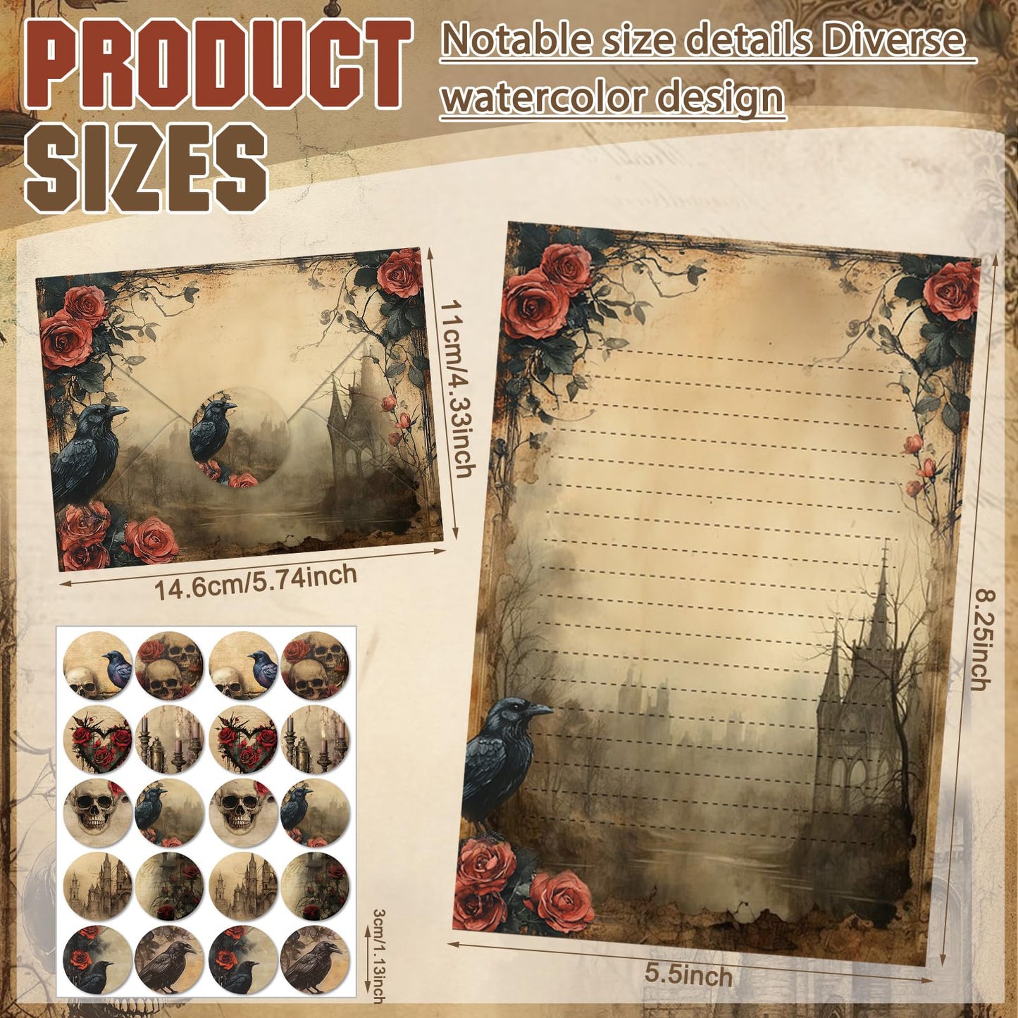 TaoBary 160 Pcs Stationery Paper Set 50 Double Sided Stationery Papers with 50 Matching Envelopes and 60 Round Dot Sticker, 10 Design(Gothic Style,8.25 x 5.5 Inch)