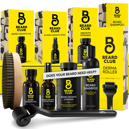 The Beard Club Advanced Beard Growth Kit - Derma Roller, Growth Oil, Vitamins and Vitamin Spray, Shampoo and Boar Bristle Brush - Gift Set - Cedar