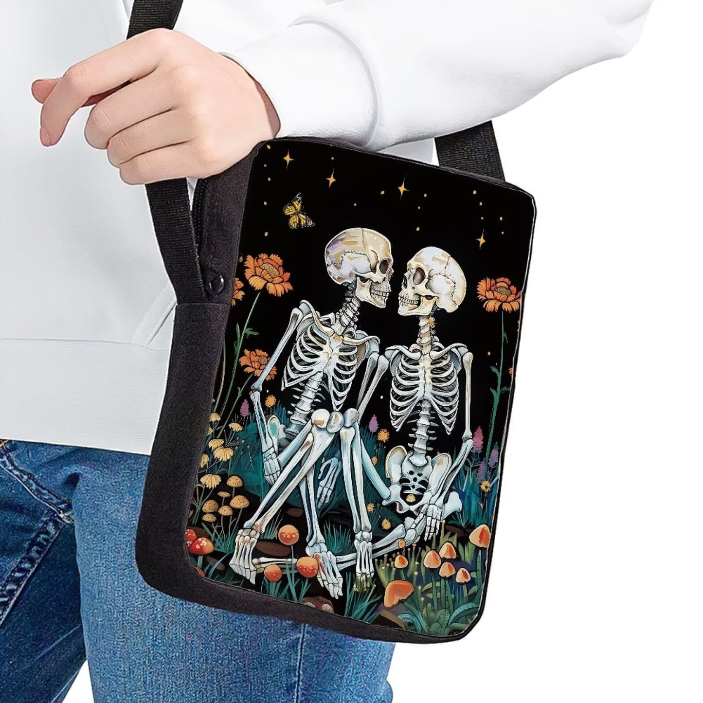COEQINE Halloween Purse Skull Crossbody Bags Goth for Women Men Goth Teen Purse Novelty Travel Skull Couple Pattern Mini Messenger Bag for Teens Party