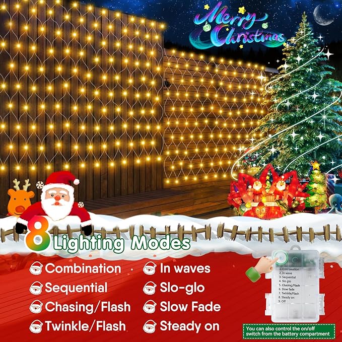 Hezbjiti Pack of 2 Battery Operated Christmas Lights Outdoor Total 200 LED 5FT x 3.3FT Waterproof Timed Memory Net Mesh Lights for Xmas Trees Bushes Garden Yard Lawn Patio Christmas Decor (Warm White)