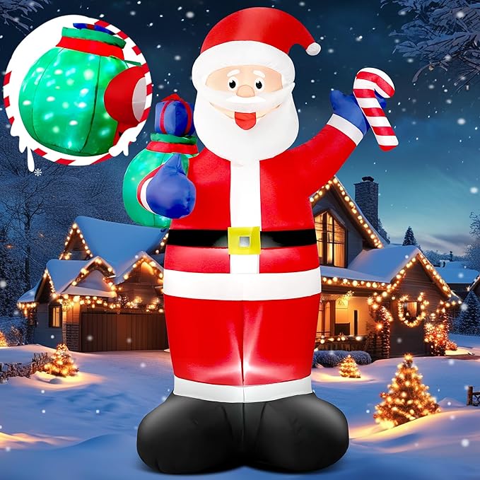 8 FT Christmas Inflatable Santa Claus Outdoor Blow Up Yard Decorations, Giant Blow Up Santa with Flashing Gift Bags & Candy, Build in LED Lights Xmas Decorations for Garden Holiday Party Lawn Decor