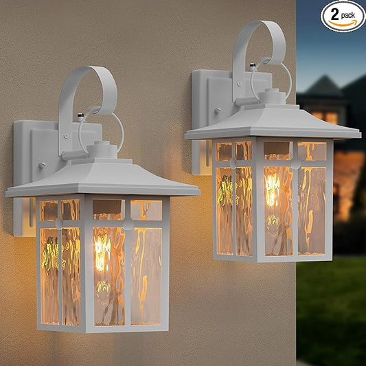 2 Pack Outdoor Dusk to Dawn Wall Lights, Outdoor Light Fixtures Wall Mount with Ripple Glass, Modern White Porch Lights, Aluminum Outoor Sconce Light for Entryway, Garage, Patio