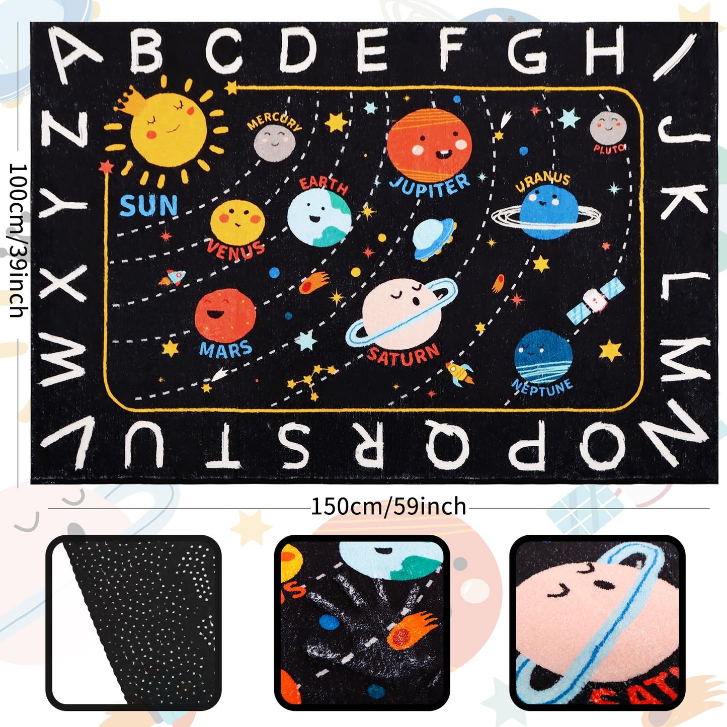 Outer Space Kids Rug,3'3" x 4'11" ABC Alphabet Educational Kids Rugs for Playroom,Non Slip Solar System Galaxy Planets Playroom Rug,Washable Area Rug Carpet for Classroom Kid Room Decor(for Age 2+)