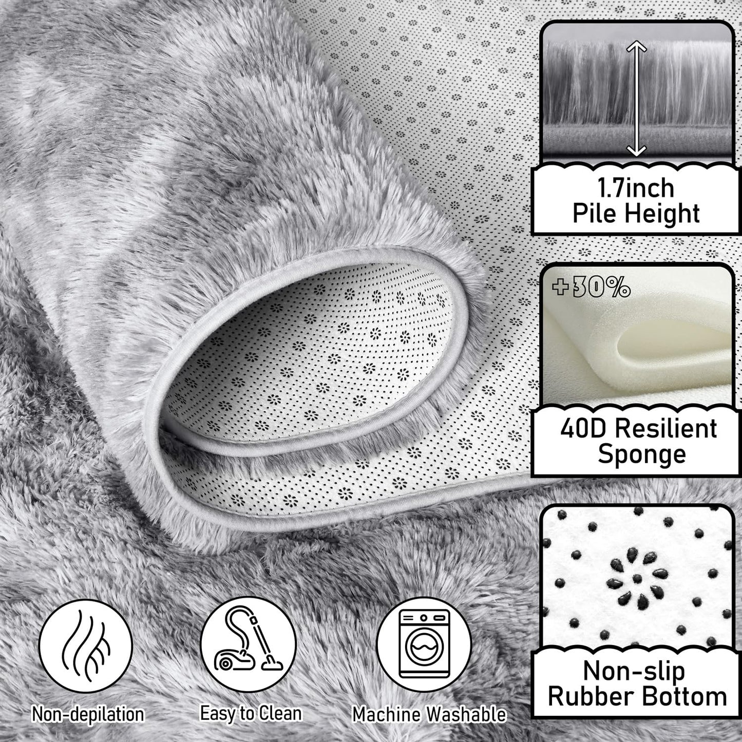 EVOIONOS Area Rug for Living Room Bedroom, Washable 6x9 Fluffy Shag Large Rug, Soft Plush Non Slip Carpet for Indoor Floor Bedside Nursery Kids Room, Dorm, Home Decor Aesthetic, ‌Tie-Dye Light Grey