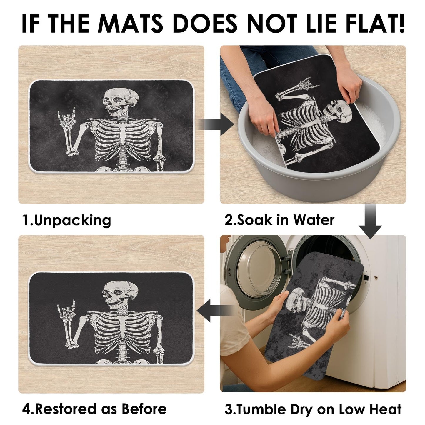 Britimes Bath Mat for Bathroom, Rock and Roll Skeleton Skull Washable Cover Floor Rug Carpets Floor Mat Bathroom Decorations 16x24 Inches for Kitchen Bedroom Indoor