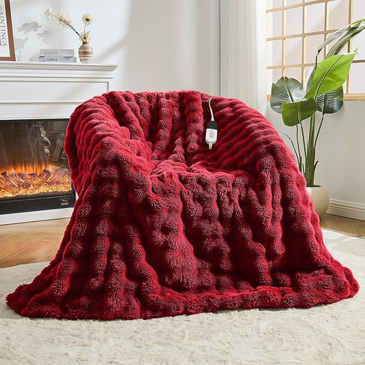 Heated Blanket Electric Throw Blanket 50''X 60''-Heating Blanket with 6 Heat Settings-4 Hours Auto Off,Cozy Faux Rabbit Fur Bubble Electric Blanket,Red