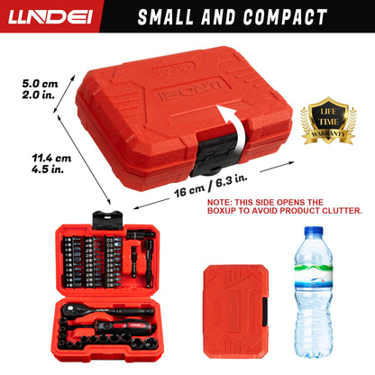LLNDEI 48 Piece 1/4 Inch Mini Socket Ratchet Wrench Set, Metric Shallow Socket (4-14mm) 6-Point,with 72 Teeth Mini Ratcheting Wrench, Screwdriver Bit Set, Universal Joints and 3 Inch Extensions