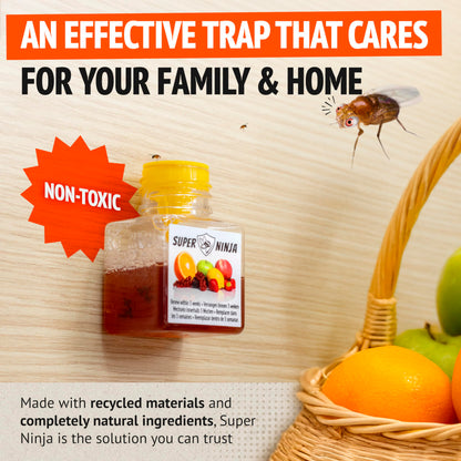 Super Ninja Fruit Fly Trap - 4 pack, Highly Effective Fruit Fly Killer for Home & Kitchen, Up to 3 Weeks of Performance per Bottle, Child & Pet Friendly
