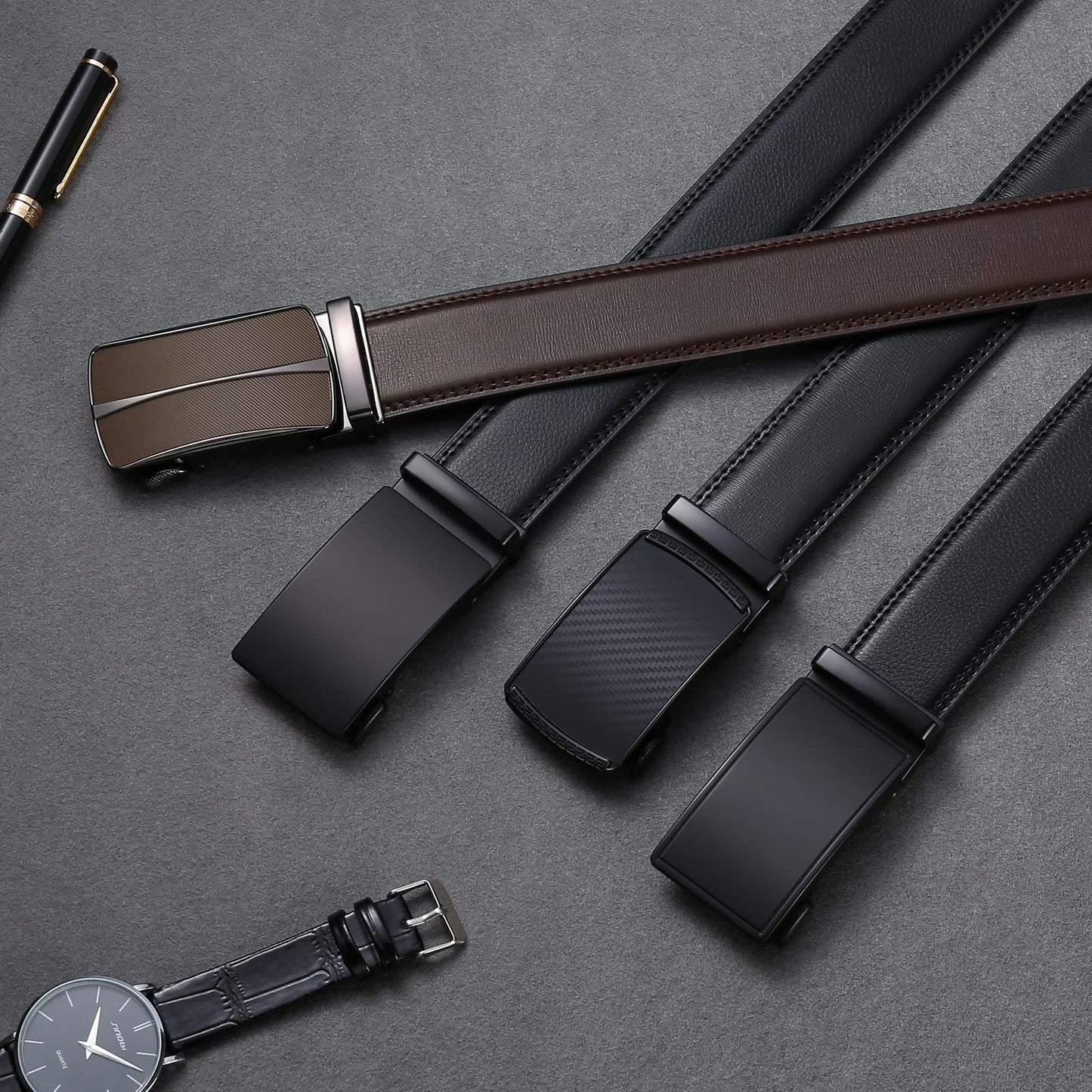SENDEFN Men's Leather Belt Automatic Ratchet Buckle Slide Belt for Dress Casual Trim to Fit with Gift Box(A-black-31)
