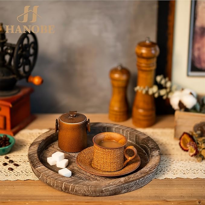 Hanobe Rustic Wooden Serving Tray: Round Wood Butler Decorative Tray Vintage Centerpiece Candle Holder Trays Farmhouse Ottoman Tray for Decor Countertop Home Decor Accessories for Coffee Table