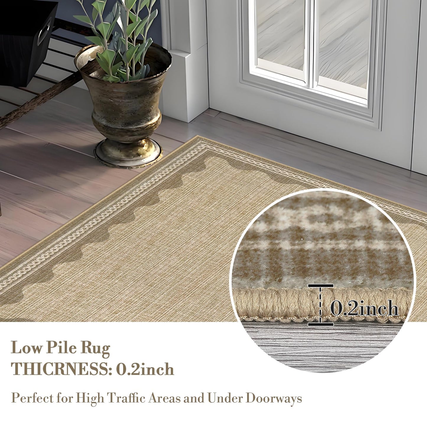 CAREMEE Scalloped Washable Area Rug, 6' x 9' Rectangular, Beige, Non Slip, Machine Washable, Indoor, Low Pile, Polyester, Solid, Tufted, Foldable, Stain Resistant, Shed Resistant