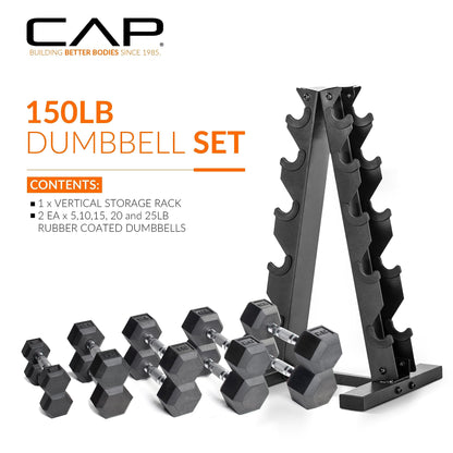 CAP Barbell 150 LB Coated Hex Dumbbell Weight Set with Vertical Rack, White, New Edition