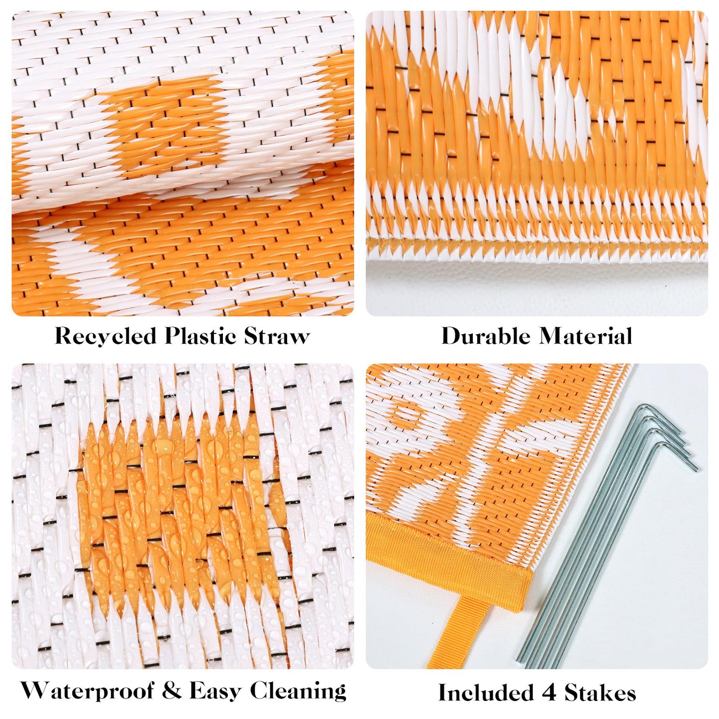 nesrt Waterproof Outdoor Rug 5x8ft, Reversible Plastic Straw Patio Mats, Portable Floral Camping Rug, Indoor Foldable RV Carpet Mat for Deck Porch Balcony Backyard Picnic (Orange/White)