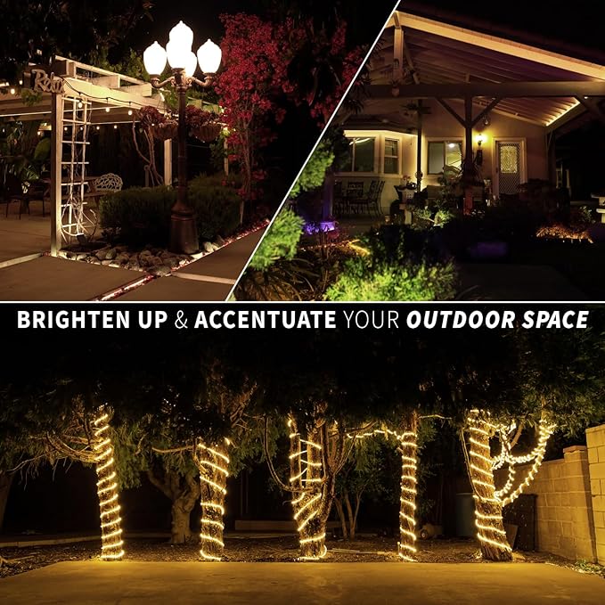 WYZworks 3312LEDs 300ft LED Outside Rope Lights, Outdoor ETL Certified Waterproof Permanent 360 Degree Light Emitting, Flexible Tube, Connectable, Christmas Palm Tree Exterior Landscape, Warm White