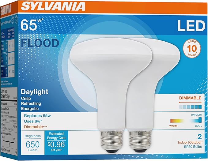 SYLVANIA LED Flood BR30 Light Bulb, 65W=8W, 10 Year, Medium Base, 650 Lumens, Dimmable, 5000K, Daylight - 2 Pack (73956)