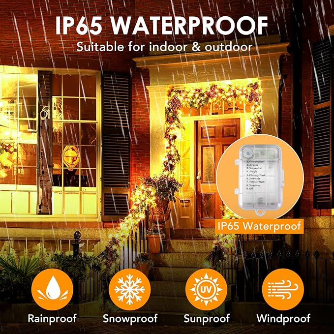 2 Pack 33Ft 200 LED String Light Battery Powered, Outdoor Waterproof Warm White String Lights with Remote, Dimmable Twinkle Lights for Bedroom Wedding Party Classroom Tree Christmas Decoration