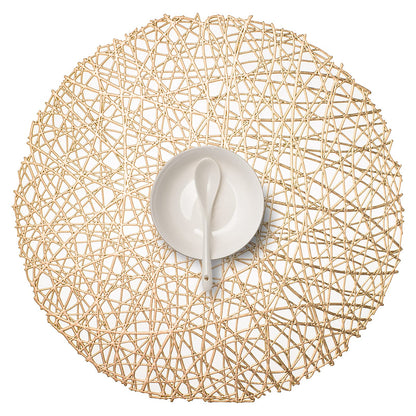 FunWheat Round Gold Placemats Placemat Set of 6 Hollow Out Place mats Heat-Resistant Shining 15 inches Table Mat Decorative Gift (Nest Gold)