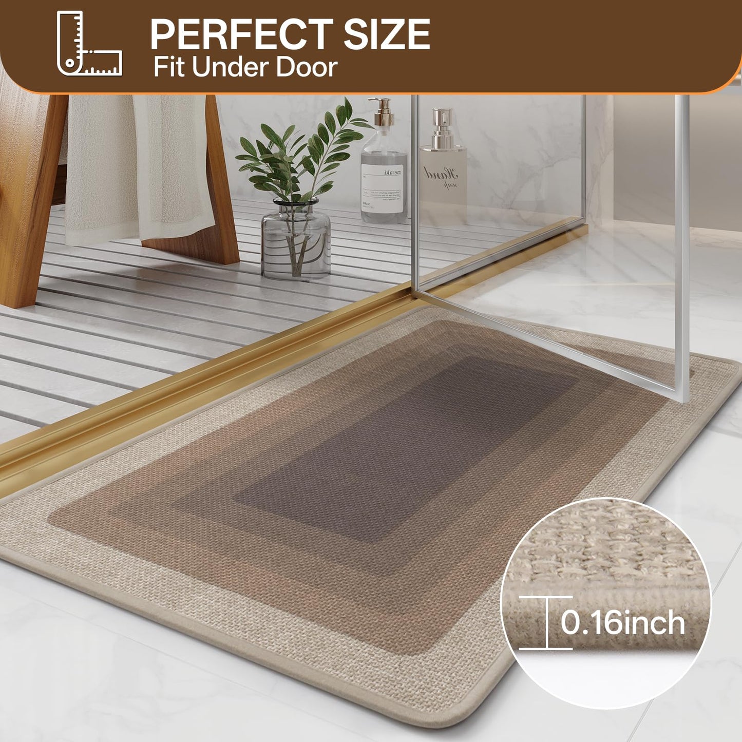 QiCaiJia Ultra Thin Bath Mat Bathroom Rugs, Quick Dry Super Absorbent Washable Bath Shower Mats, Rubber Backing Non Slip Bathroom Rug Fit Under Door, Brown 16x24