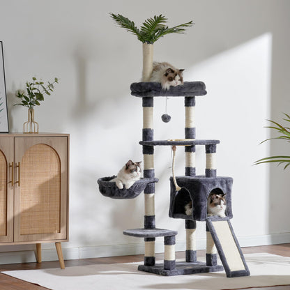 Heybly Cat Tree,Cat Tower for Indoor Cats, 65.4 inches Cat Condo with Perches, Basket, Feeding Bowl Station, Multi-Level Plush Furniture with Scratching Posts, Smoky Gray HCT015G