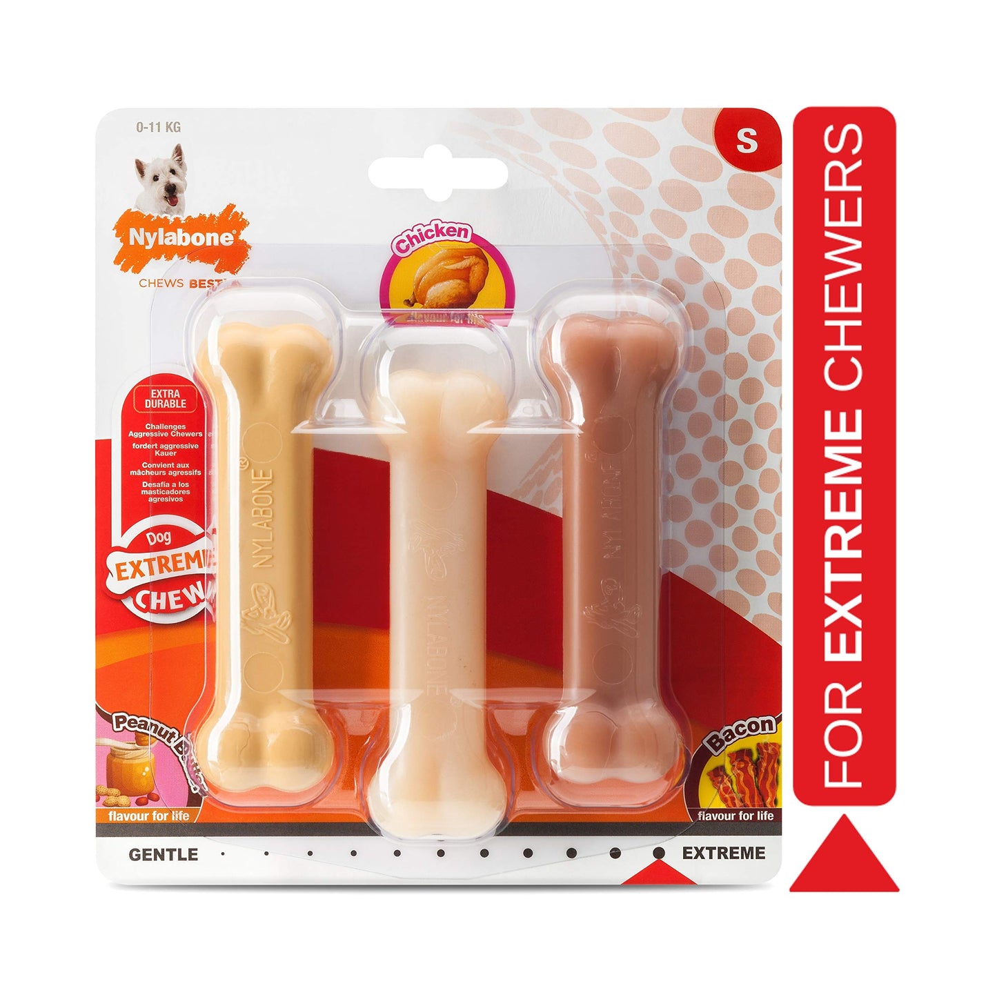 Nylabone Extreme Tough Dog Chew Toy Bones, Peanut Butter, Chicken, Bacon Flavoured, 3-Piece, Small, For Dogs Up To 11 kg
