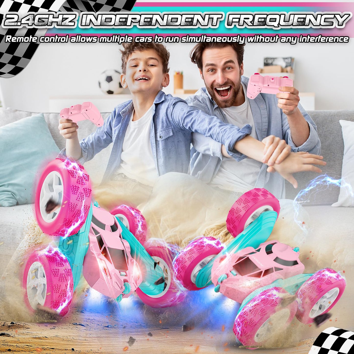 cosone Pink Remote Control Car for Girls, RC Stunt Car Double Sided 360°Flip with Headlights, All Terrain Tires, Rechargeable Batteries Toy Car for 6 7 8 9 10 11 12 Girls Birthday