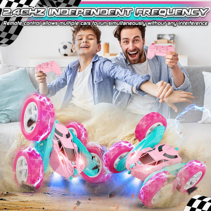 cosone Pink Remote Control Car for Girls, RC Stunt Car Double Sided 360°Flip with Headlights, All Terrain Tires, Rechargeable Batteries Toy Car for 6 7 8 9 10 11 12 Girls Birthday