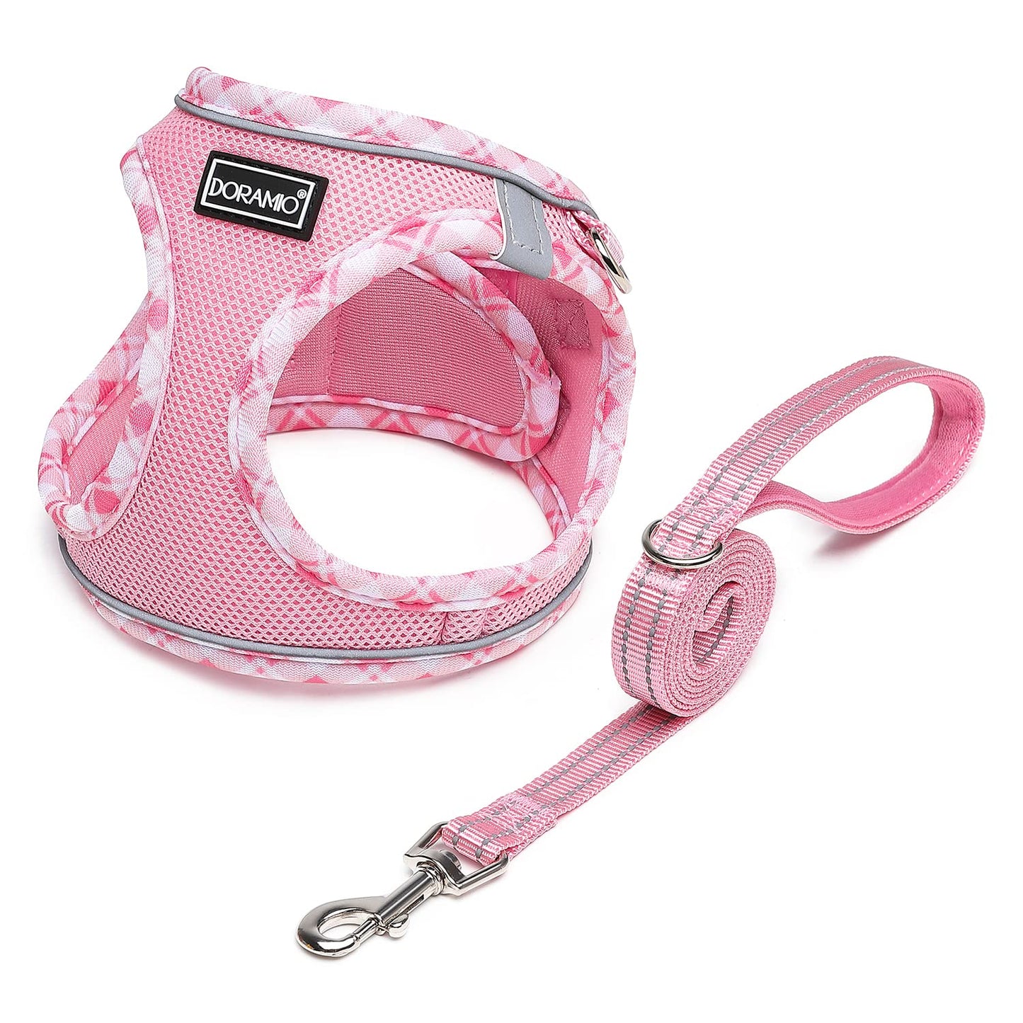 DORAMIO Step-in Dog Harness and Leash Set, Soft Mesh No-Chock Reflective Breathable Easy Walk Lightweight Vest Harnesses with Safety Buckle for Small Dogs, Cats, Puppies (Pink, XXS)