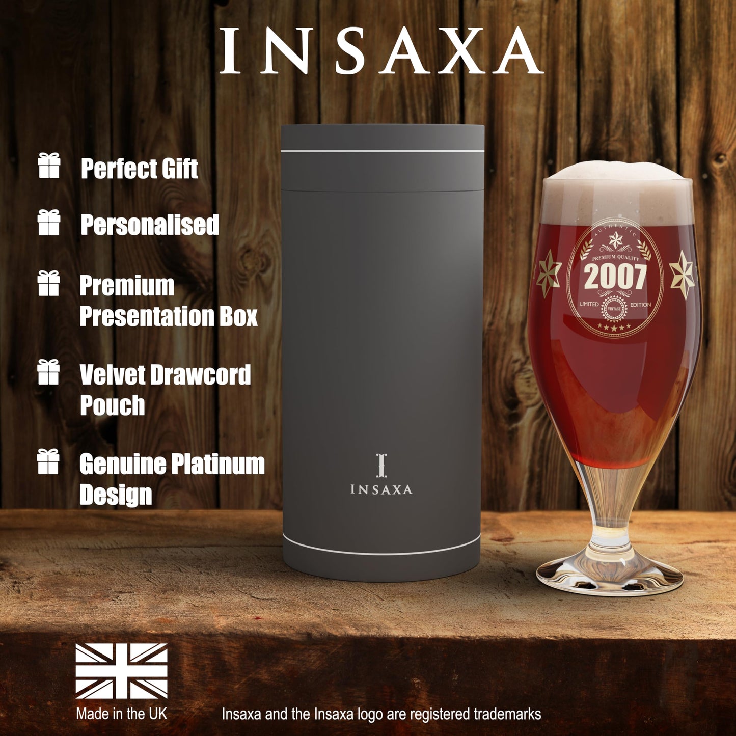 Insaxa 18th Birthday Gifts for Boys - Limited Edition 2007 Premium Quality Beer Glass (1 Pint / 580ml)