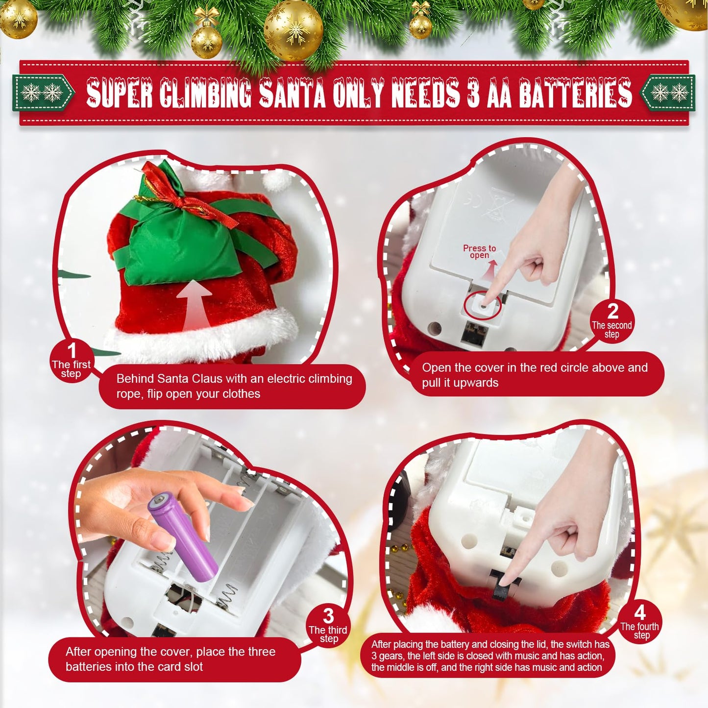 Gfilay 2025 Upgraded Climbing Santa Claus on Rope, Animated Electric Musical Christmas Ornament with 3 Modes, Secure Tree Hook & Reinforced White PVC Case, Heartwarming Holiday Decoration Gift