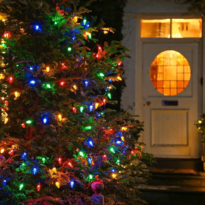 Dazzle Bright C6 Christmas String Lights, 100 LED 33 FT Waterproof Green Wire Fairy Lights, 8 Modes Christmas Lights for Indoor Outdoor Home Yard Xmas Tree Decorations (Multi-Colored)