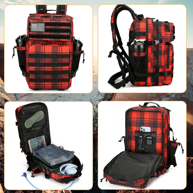 Lovelinks21 25L Tactical Backpack for Men and Women Military Backpack Small Assault Pack Molle Backpack Bug Out Bag Travel Rucksack Daypack (Red Plaid)