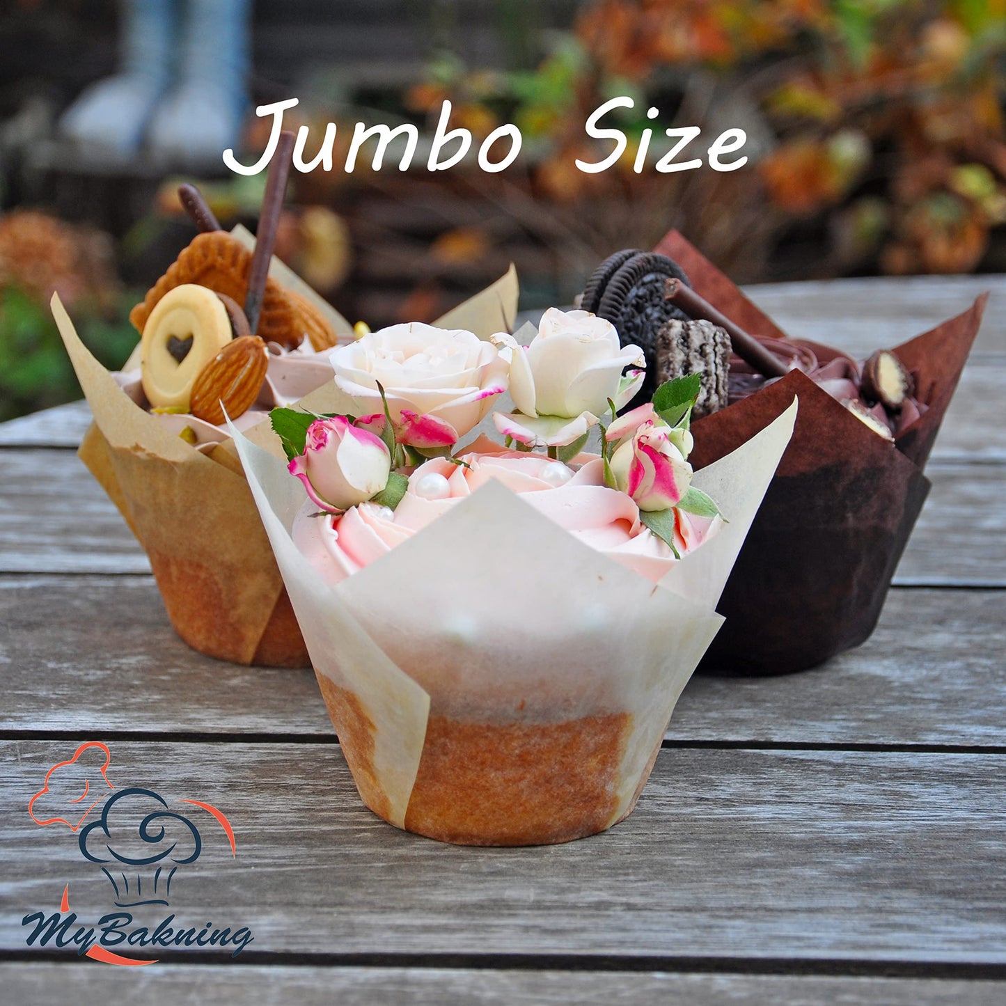 MyBakning (JUMBO EXTRA LARGE size) Natural+Brown+White Tulip Baking Cups 2-1/4"(Base diameter) x 3-3/4"(Wall height) Greaseproof paper baking cupcake Muffin liners, Case of 130 pcs