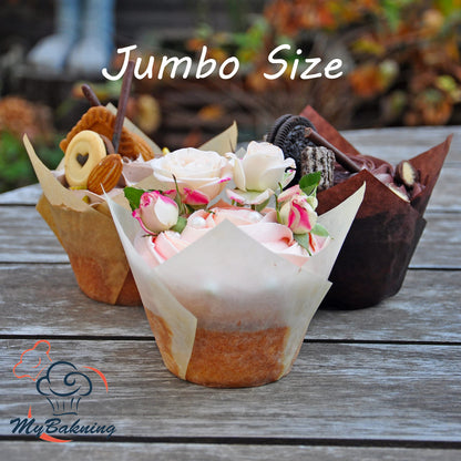 MyBakning (JUMBO EXTRA LARGE size) Natural+Brown+White Tulip Baking Cups 2-1/4"(Base diameter) x 3-3/4"(Wall height) Greaseproof paper baking cupcake Muffin liners, Case of 130 pcs