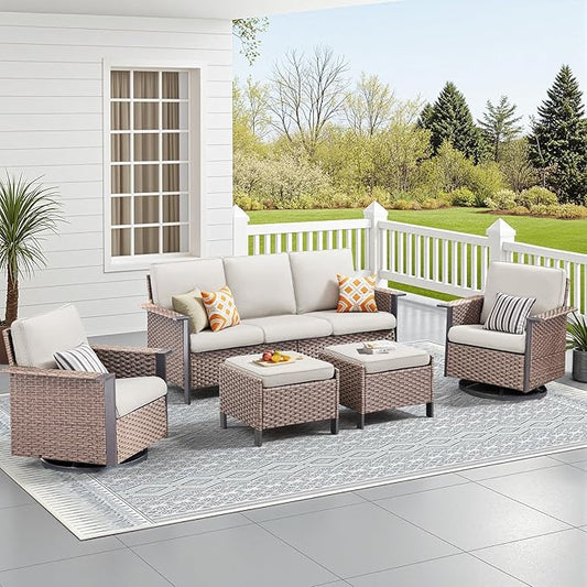 Outdoor Patio Furniture Set-5 Pieces All-Weather Wicker Patio Furniture with Outdoor Swivel Rocking Chairs Set of 2,Outdoor Patio Conversation Sets for Garden Porch Deck Brown/Beige
