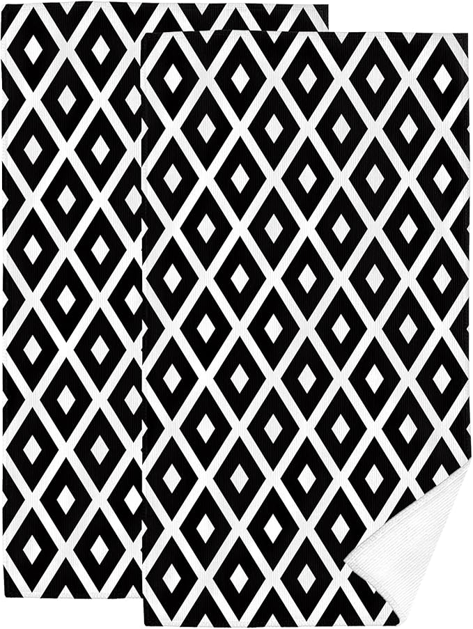 Black and White Diamond Hand Towels for Bathroom Set of 2 Soft Absorbent Modern Decorative Bath Towels for Farmhouse Home Spa Gym Yoga Black White Bathroom Decor 14"x28"