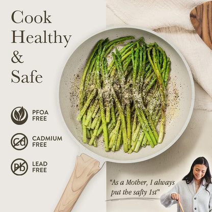 CAROTE Non Stick Frying Pan Skillet,10" Nonstick Fry Pan with Glass Lid, Egg Pan Omelet Pans, Granite Cookware PFOA Free White Granite, 10-Inch