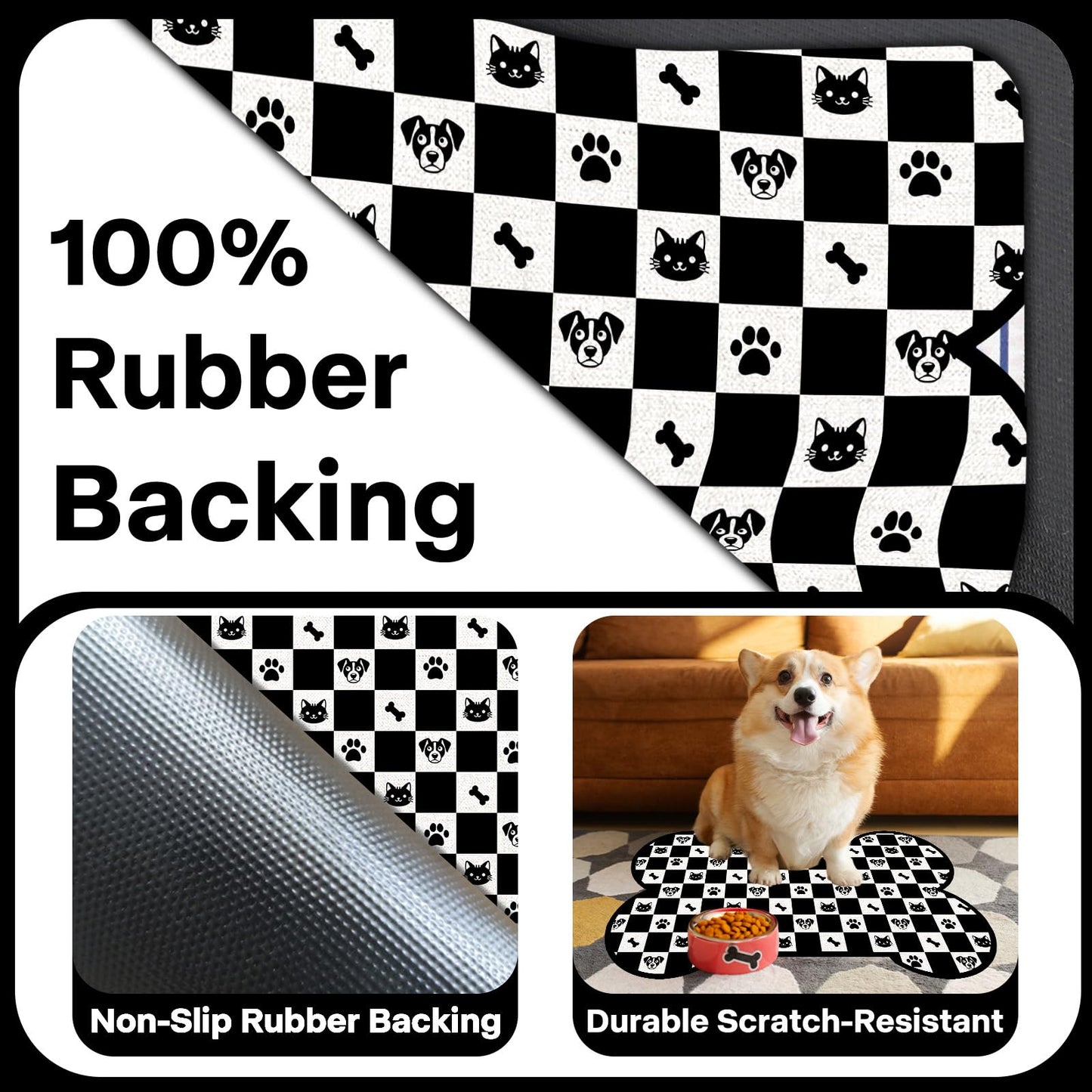 Pet Dog Cat Food Mat, Absorbent Bone Shaped Dog Bowl Mats for Food and Water, Non Slip Cute Footprint Dogs Cat Placemats Feeding Mat for Floors Puppy Pet Accessories Supplies 12"x20" Black White