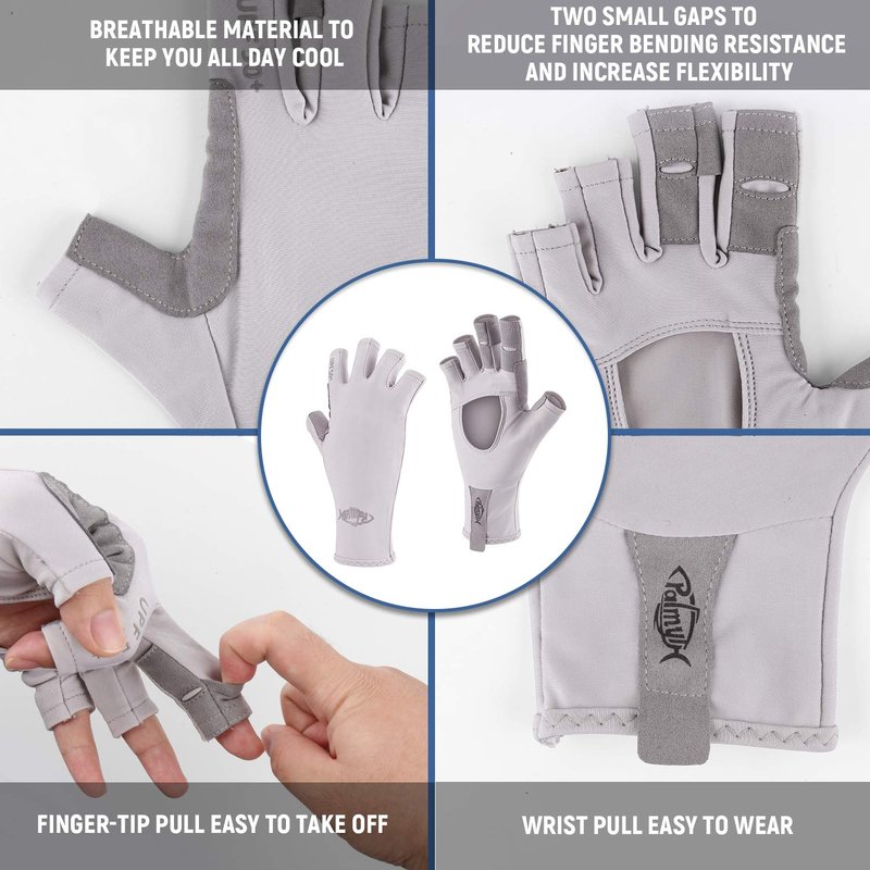 Palmyth UV Protection Fishing Fingerless Gloves UPF50+ Sun Gloves Men Women for Kayaking, Hiking, Paddling, Driving, Canoeing, Rowing (Air Light Gray, Medium)