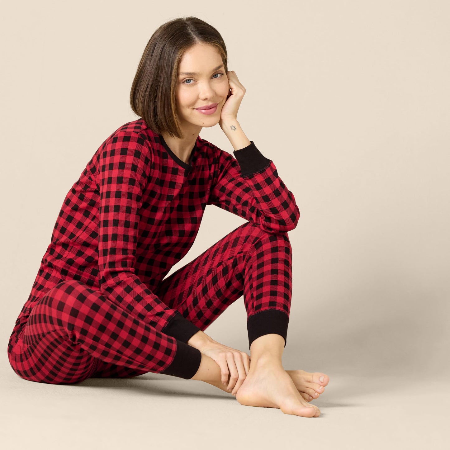 Amazon Essentials Women's Snug-Fit Cotton Sleepwear Pajama Set (Available in Plus Size), Classic Buffalo Check, X-Small