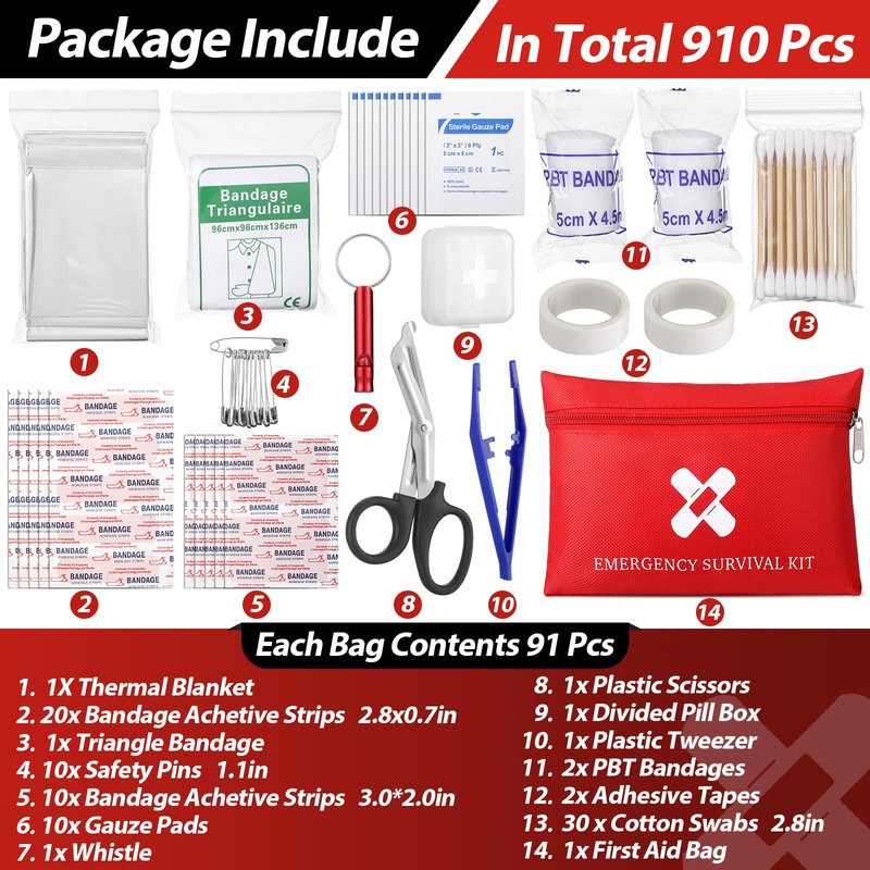 Geiserailie 10 Pack Mini First Aid Kit for Home Car Travel Camp Outdoor Back to School Sports Hiking Emergency Small First Aid Kit Travel Size Bulk Self Care Package 10 Individual Bag of 91 Items Each