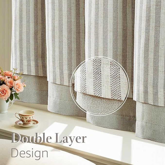 jinchan Double Layer Striped Linen Kitchen Tier Curtain Rustic Cafe for Living Room Bathroom Half Window Curtain Light Filtering Rod Pocket 1 Panel 24 Inch Taupe Grey
