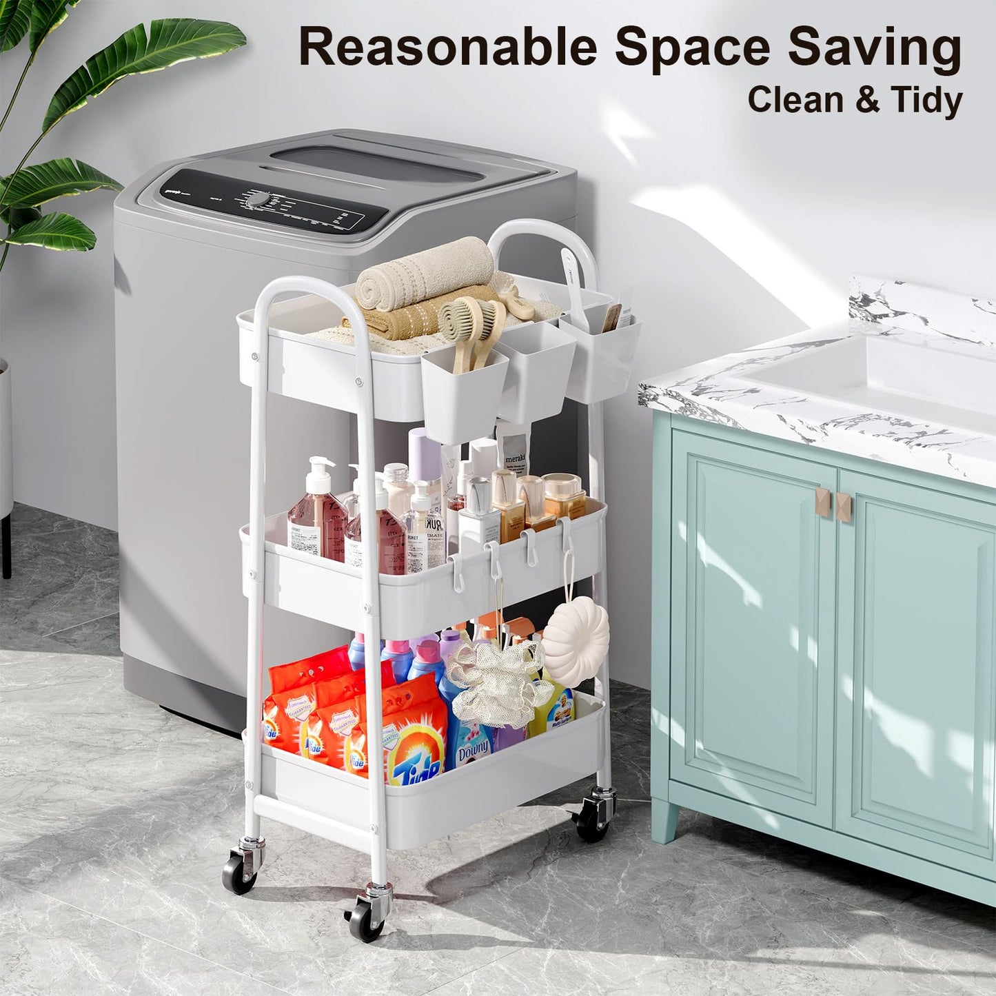 3 Tier Heavy Duty White Metal Rolling Cart with Lockable Wheels, Three Tier Roller Book Snack Cart, Utility Storage Organizer Carts for Kitchen, Bathroom, Garage, Baby Diaper, Craft, Art, Teacher