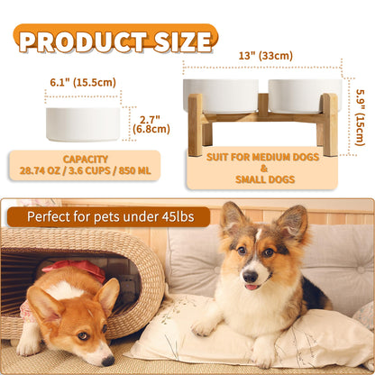 Elevated Ceramic Dog Bowl Set - Raised Dog Bowls with Non-Slip Bamboo Stand - Dog Food and Water Bowl Set - Double Dog Feeding Bowls - Suitable for Small and Medium Dogs - 28.74 OZ - 3.6 CUPS - 850 ML