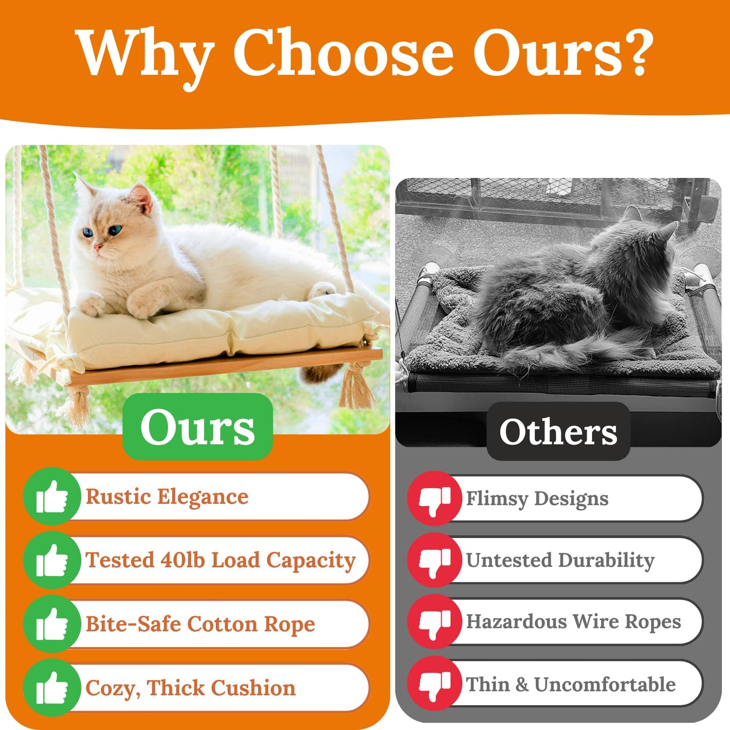 Cat Window Perch - Hammock Bed for Cats Inside - Solid Wood Seat, 4 Strong Suction Cups, Soft Cushion - Rustic Indoor Pet Shelf