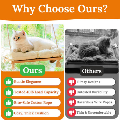 Cat Window Perch - Hammock Bed for Cats Inside - Solid Wood Seat, 4 Strong Suction Cups, Soft Cushion - Rustic Indoor Pet Shelf