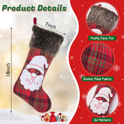 Mostop 4 Pack Christmas Stockings, Large Buffalo Plaid Faux Fur Xmas Stockings Santa Snowman Reindeer Pattern Stockings for Xmas Family Home Decoration
