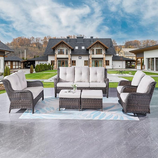 Rilyson Wicker Patio Furniture Set - 6 Piece Rattan Outdoor Sectional Conversation Sets with 2 Rocking Swivel Chairs,2 Ottomans,1 Sofa and 1 Loveseat for Porch Deck Garden(Brown/Beige)