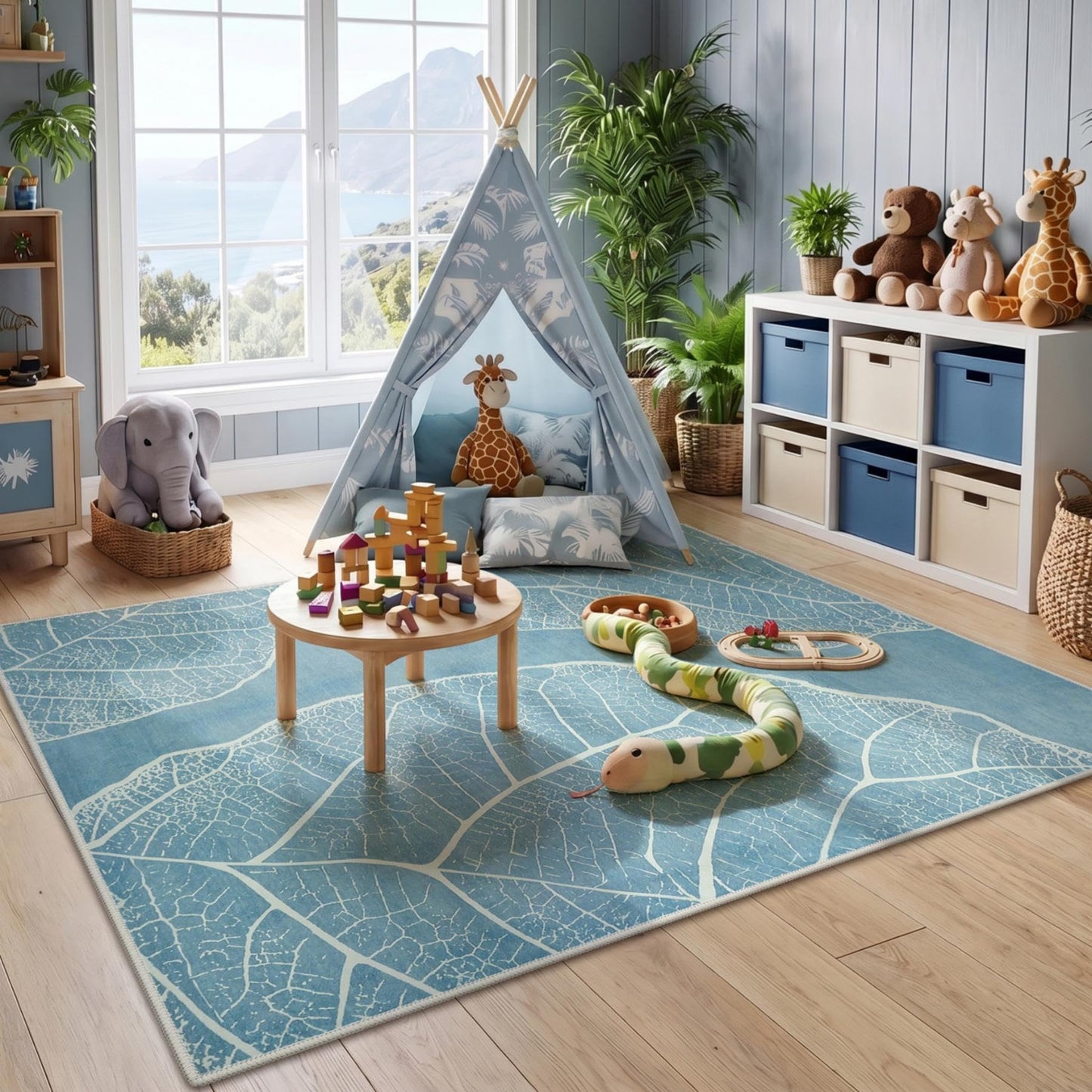 Tribesigns Abstract 5x7 Machine Washable Area Rugs for Living Room, Soft Rug for Bedroom Dining Room, Boho Non-Slip Low Pile Carpet for Entryway Kitchen Decor, Blue Botanical Leaf Print
